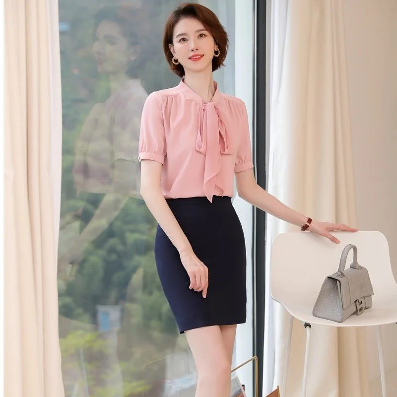 New Summer Women 2 Pieces Casual Interview Suit with Skirt and Blouse with Bow Tie Novelty Pink Female Office Ladies Shirt Suits