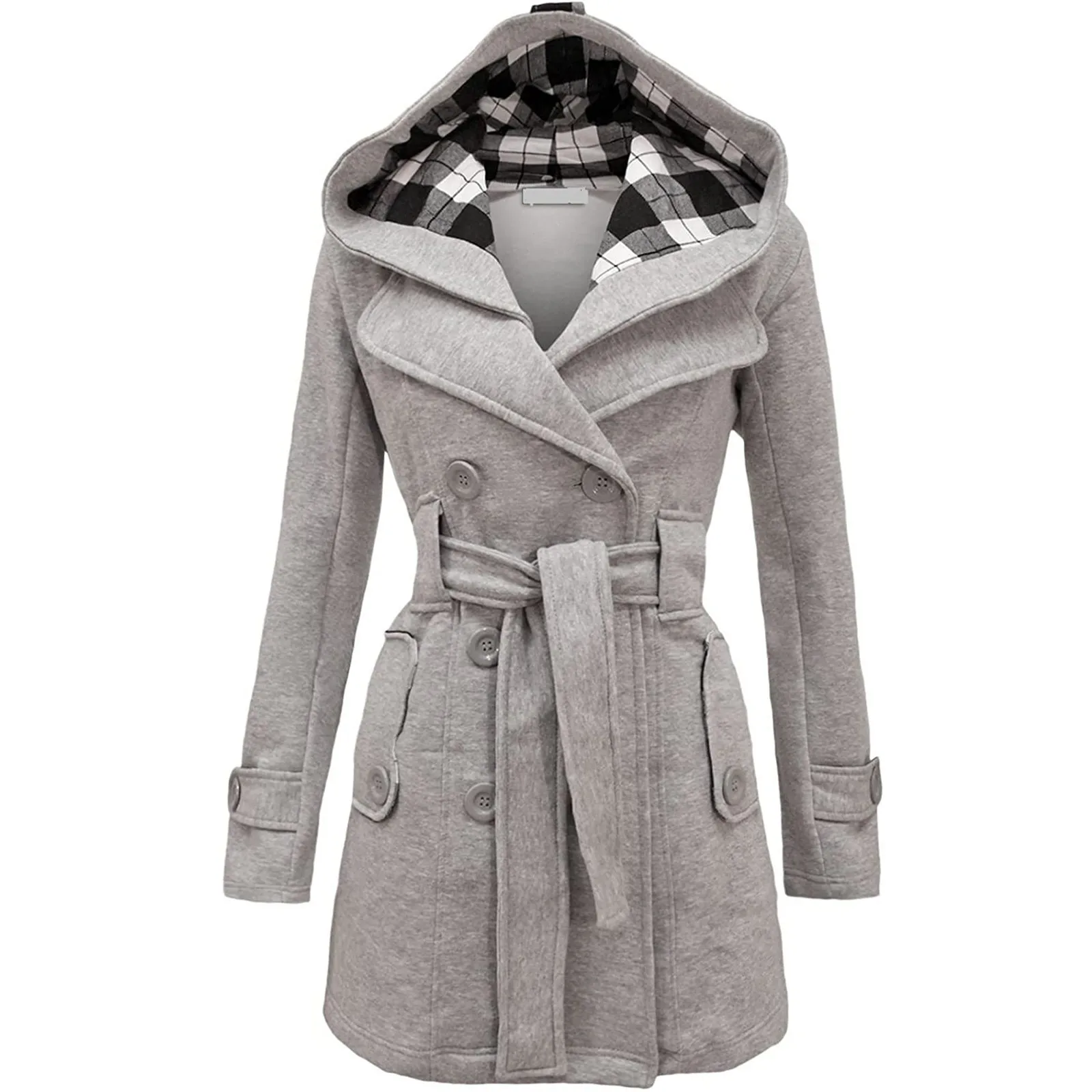 

Womens Warm Winter Hooded Solid Color Long Sections Coat Belt Double Breasted Jacket Outerwear Elegant Streetwear Oversize