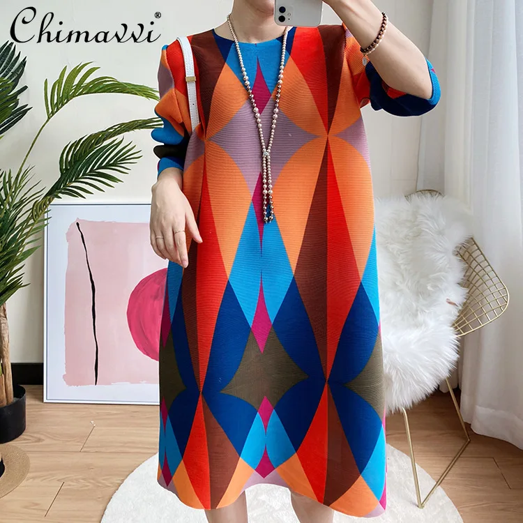 

Oversize Fashion Lady Contrast Color Pleated Print Dress 2021 Spring New Loose Ruched Three Quarter Sleeve Mid-length Dress