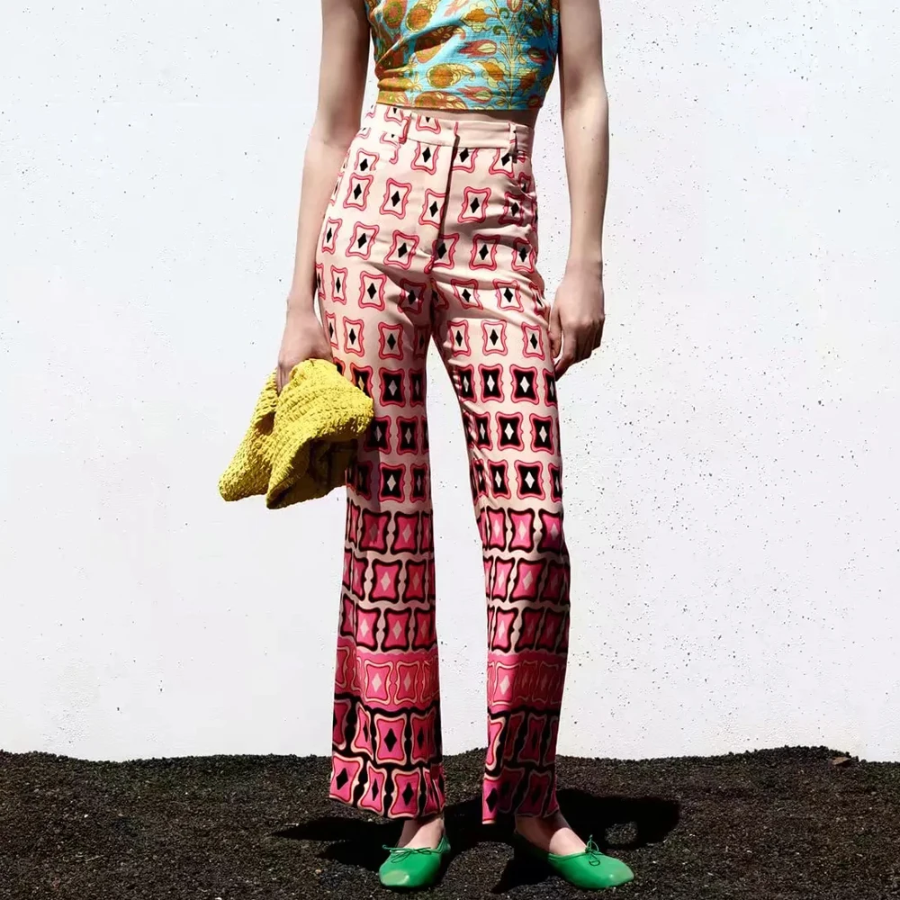 

2021 Tide Lady Straight Cylinder full length high waist Flared pants pocket zipper fashion Loose Legs Retro Print Trousers Mujer