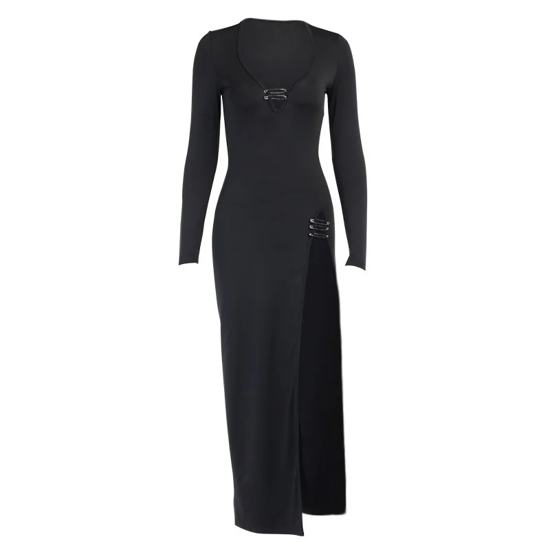

Slim Long Sleeve High Split Pin Long Skirt Black Dress Fashion New Women
