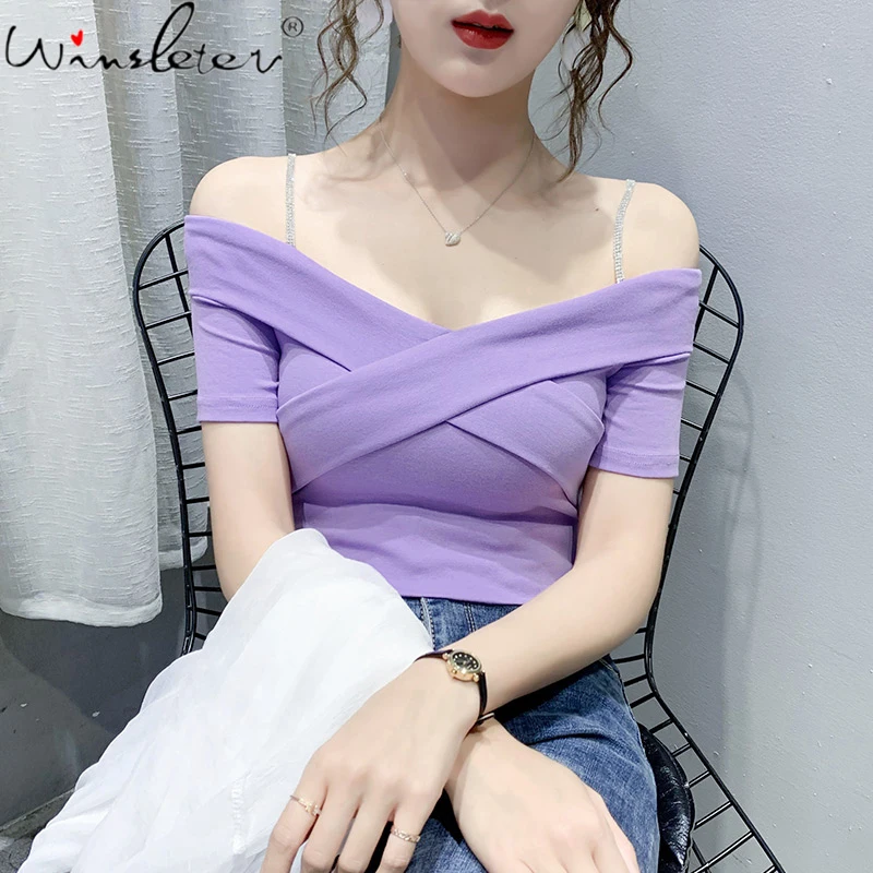 

Женская футболка с открытыми плечами, хлопковая футболка с коротким рукавом, модель 2021 в Корейском стиле на лето, T14911A