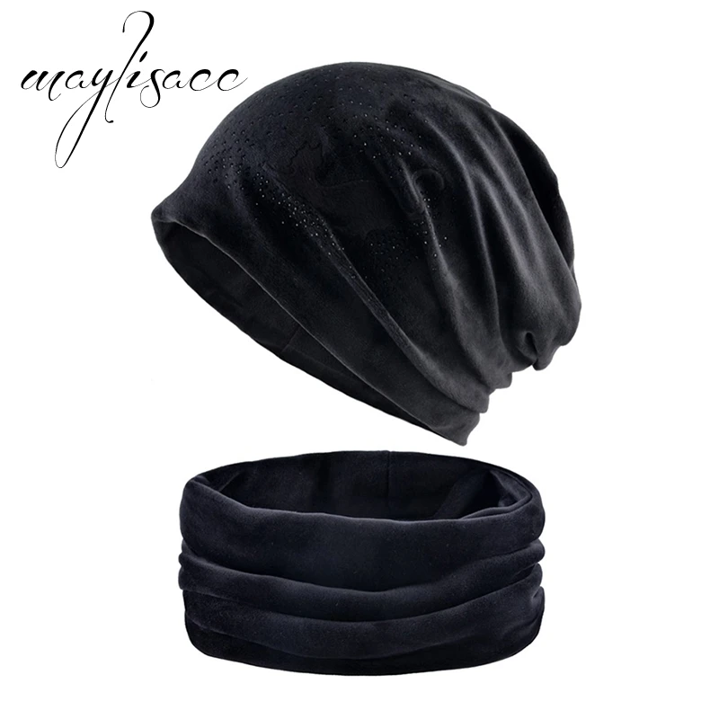 Black Maylisacc, Женская осенне-зимняя теплая шапка с шарфом и кольцом, милые шапочки с котом, шапки в стиле хип-хоп, женские шарфы с шапкой - Цвет: Black
