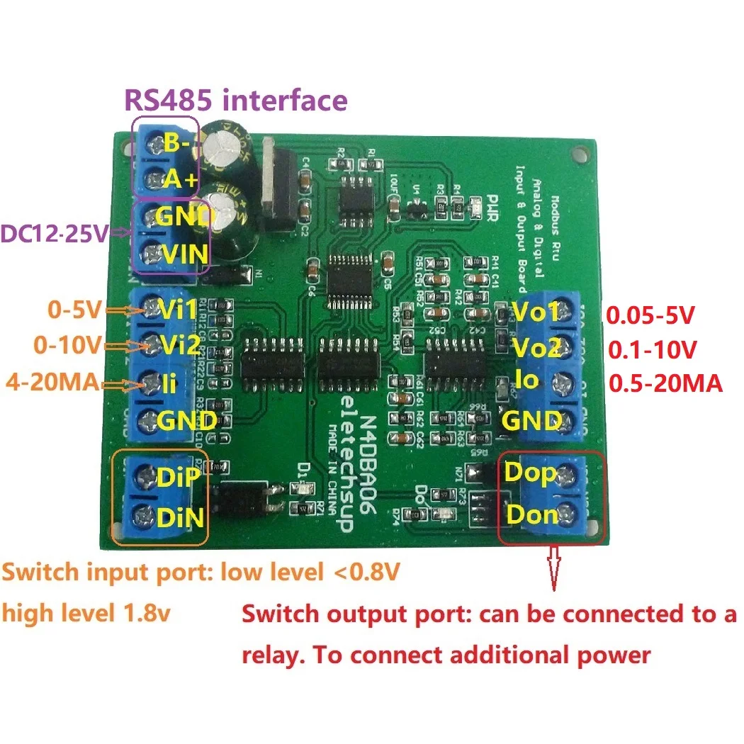 

DC 12V 8CH Analog Digital Input output devices 0-5V 0-10V 4-20MA DAC ADC RS485 Modbus RTU Board