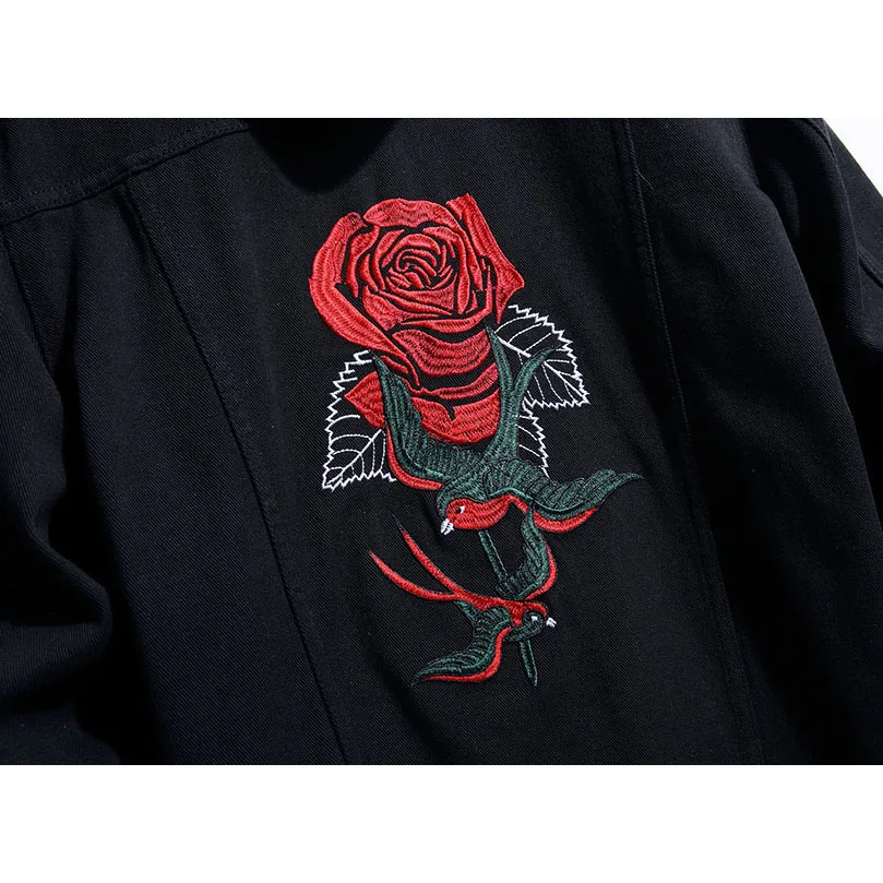 Джинсовая куртка с вышивкой в виде роз Мужская черная джинсовая рубашка Sukajan
