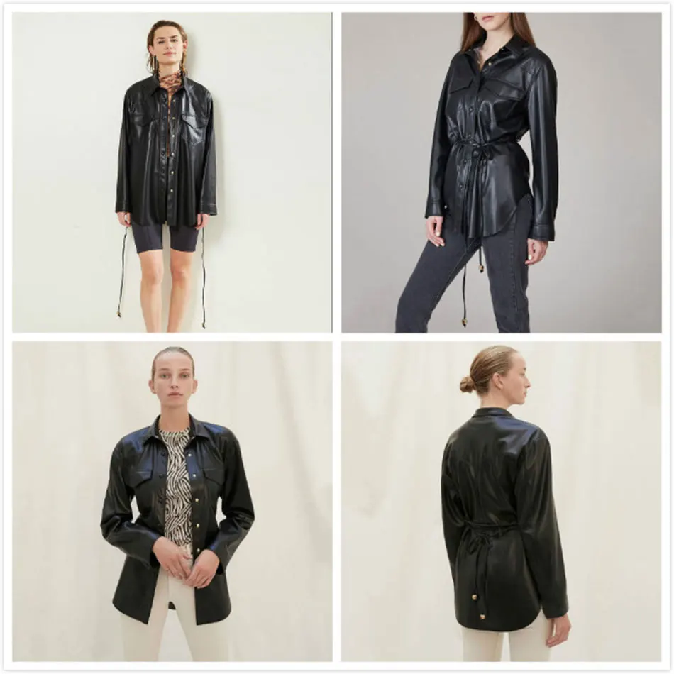

Free Shipping Streetwear Colorblock PU Leather Top Women Cardigan Button Belt Lace-Up Fashion Long Sleeve Leather Shirt 2020 New