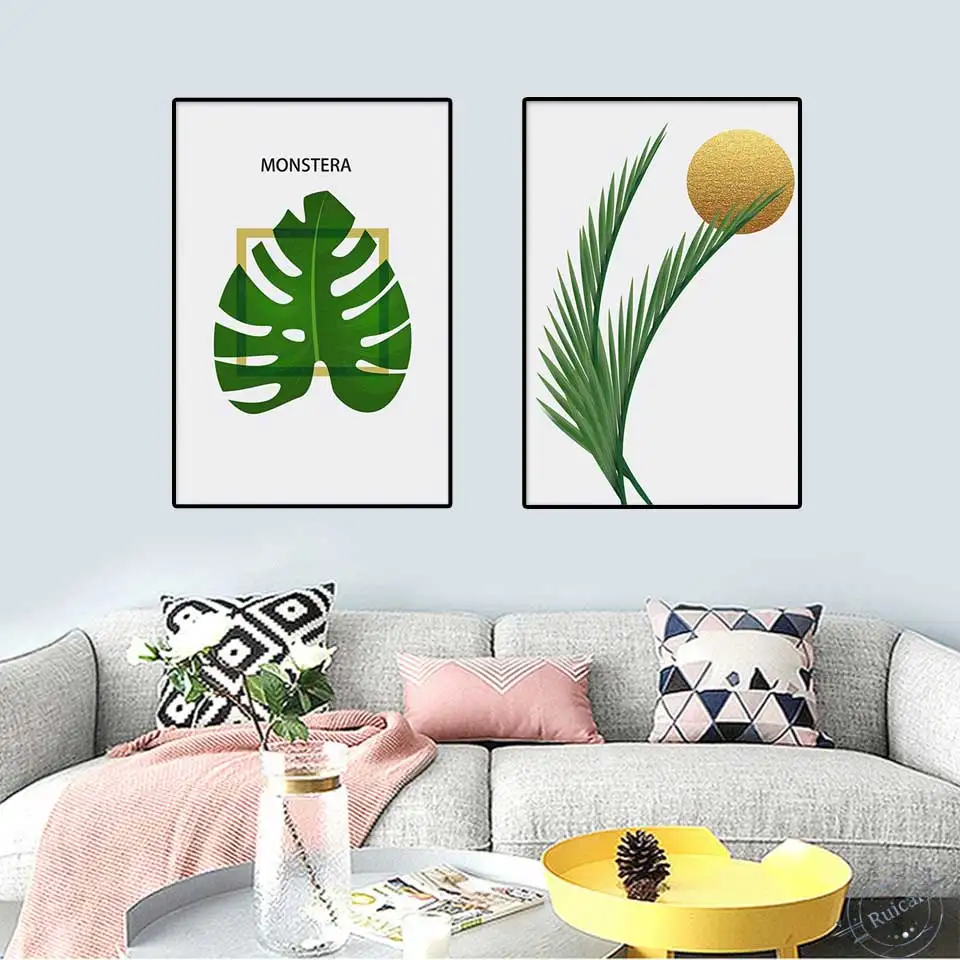 Spain modern Wall Art Painting Print Poster Golden Sun and monstera Green leaf Picture for Living Room home Decoration | Дом и сад