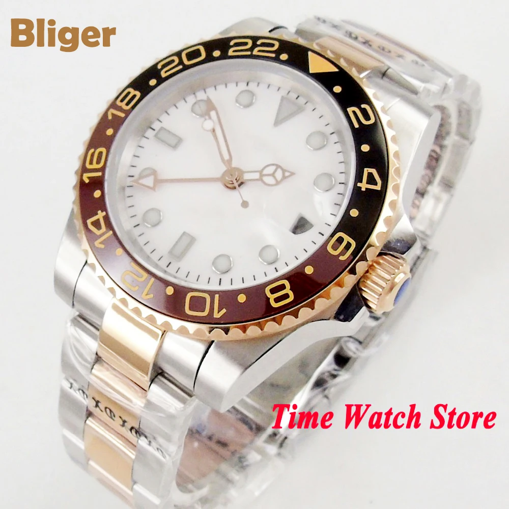 Часы наручные Bliger Мужские автоматические 40 мм GMT 3804 светящиеся с сапфировым