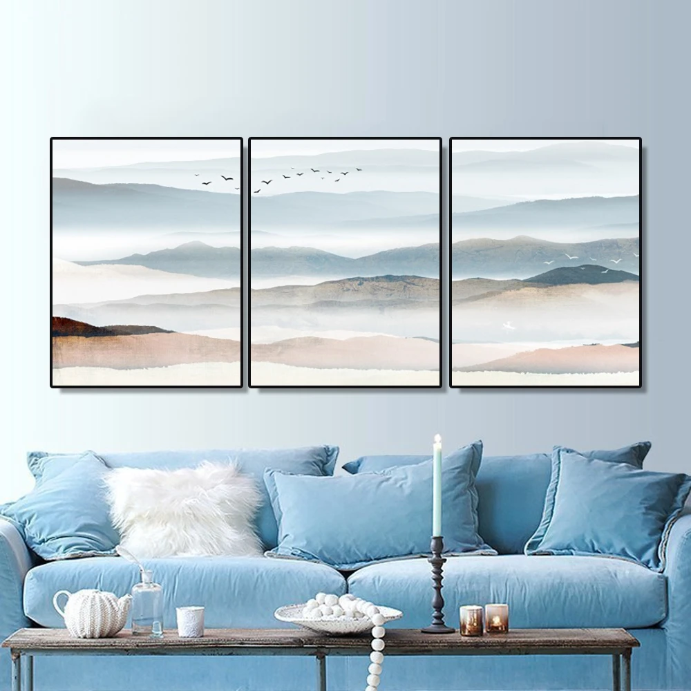 3 Панели холст живопись каллиграфия пейзаж горы плакаты с птицами и принтами