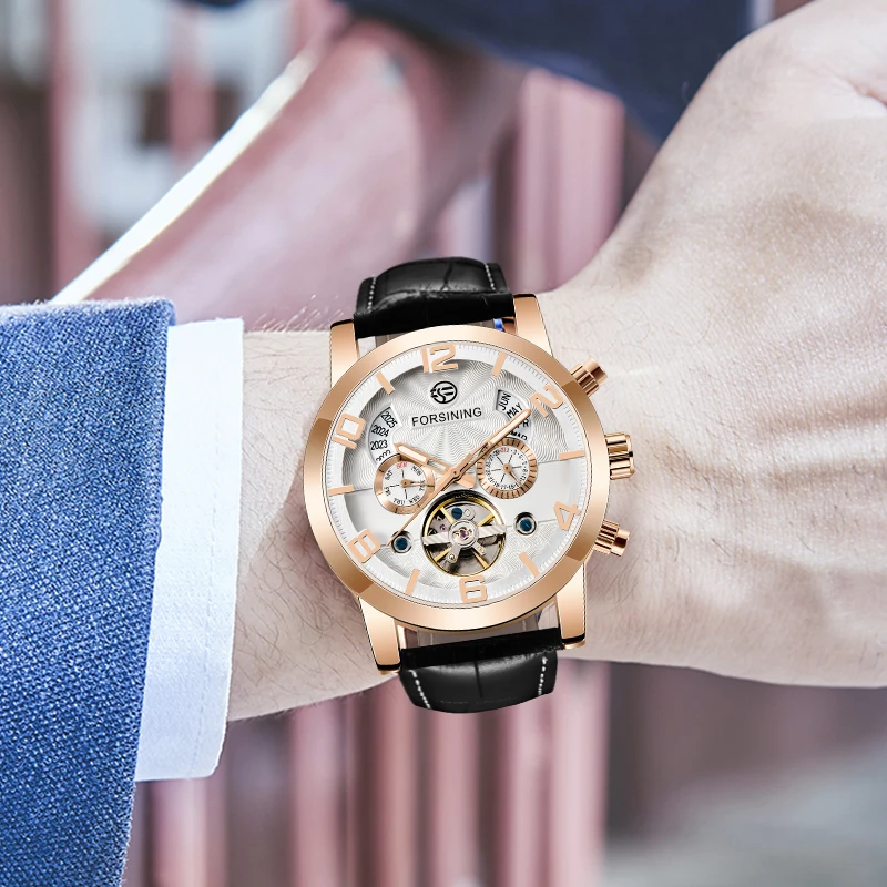 Модные мужские часы FORSINING Tourbillion с золотым волнистым циферблатом в повседневном