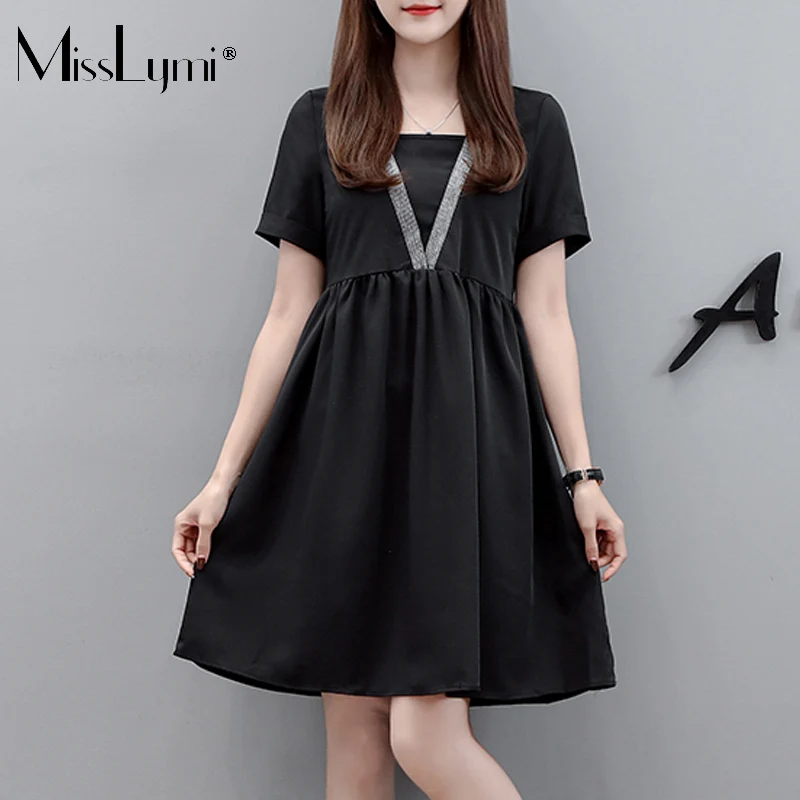 

MissLymi 4XL Plus Size Women Diamonds Dress Summer 2021 Fashion V-neck Short Sleeve Casual Loose High Waist Little Black Dresses