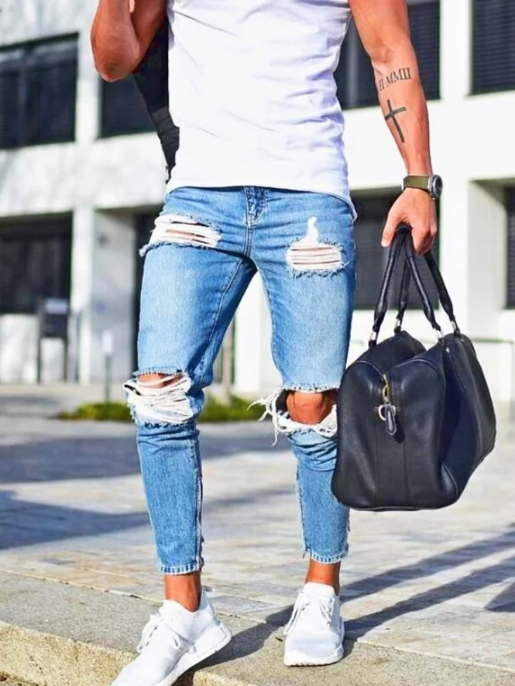 Ripped Jeans Men Fashion Destroyed Frayed Denim Pencil Pants Homme Casual Knee Hole Skinny Distressed Jeans Pantalon Streetwear