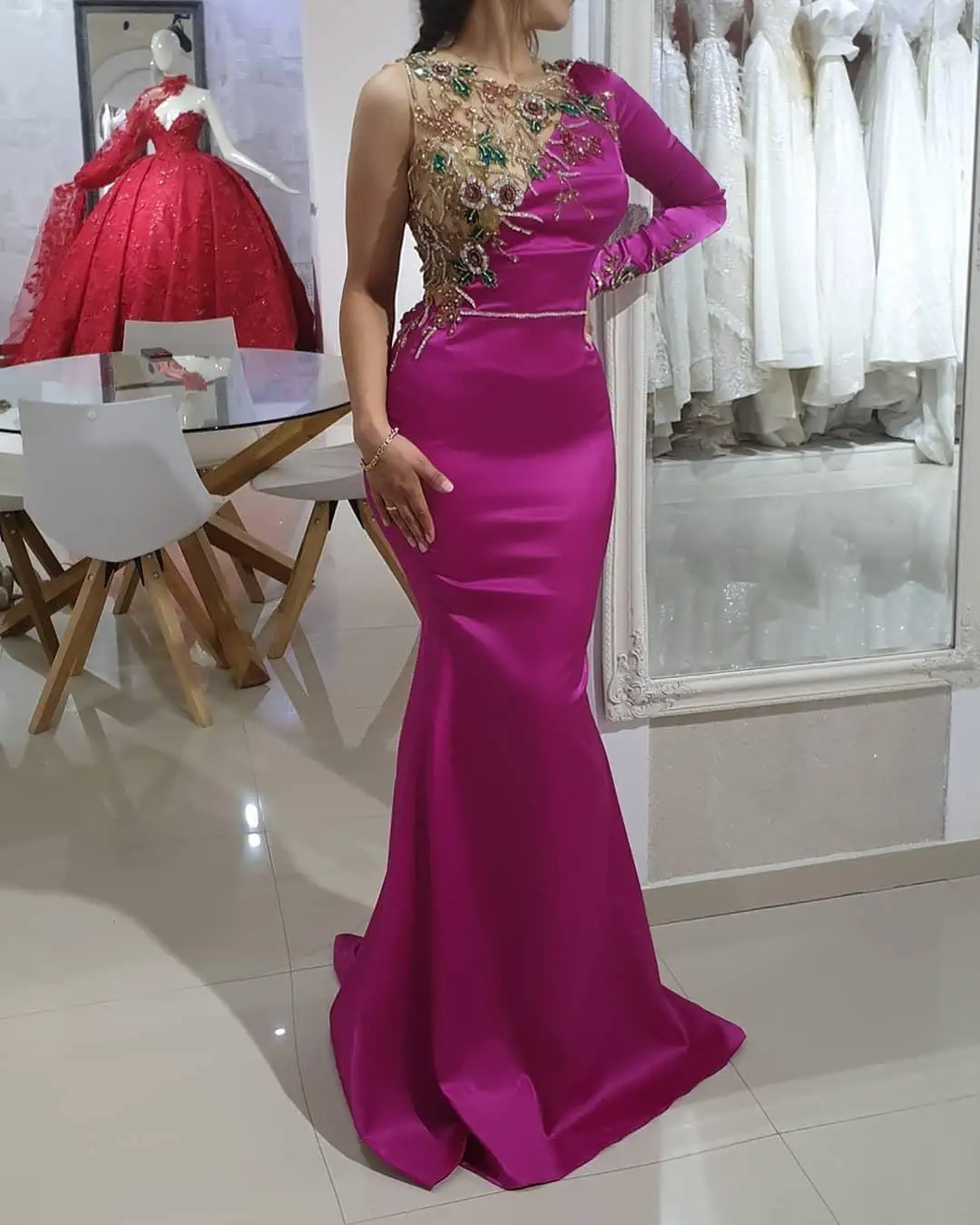 

2021 Arabic Aso Ebi Luxurious Beaded Crystals Prom Dresses Sheer Neck Mermaid Evening Formal Party Second Reception Gowns Dress