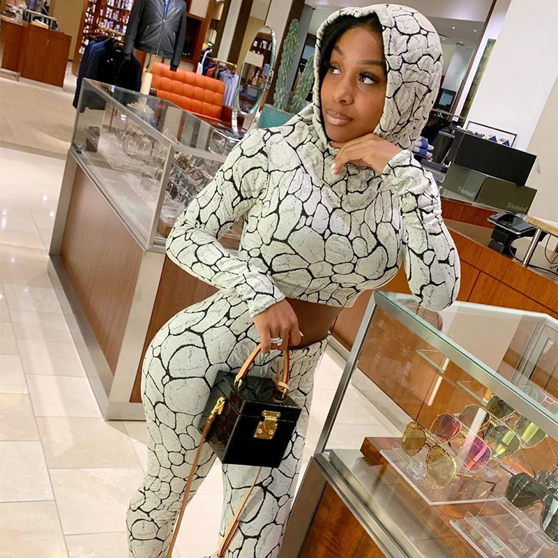 

New Long Sleeve Hooded Short Sweater Printed Buttocks Leggings Yoga Suit Set Workout Set Women Sport Clothes for Women