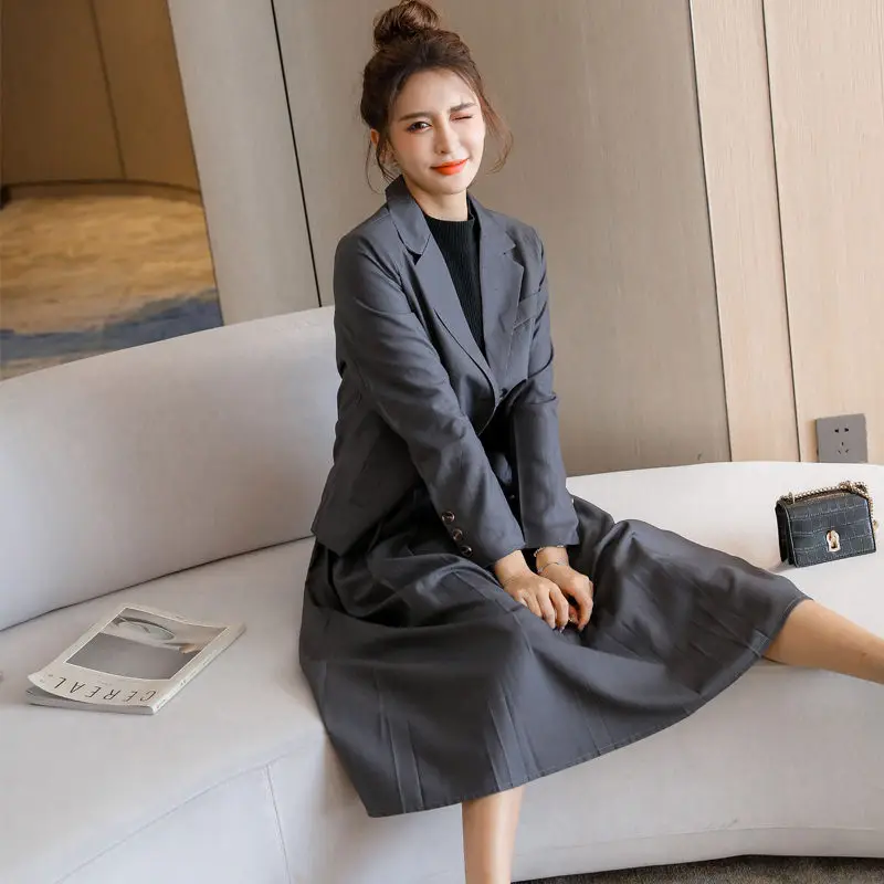 

Spring Autumn New Fashion Suit Jacket Female Korean Pleated Skirt Suits Two Piece Set Casual Wild Blazer For Office Lady Y1301