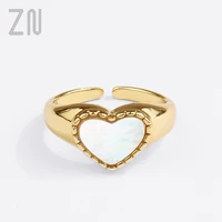 zn 2021 new trendy heart inlay white shell finger ring fashion jewelry party birthday gifts simple loves opening rings for women