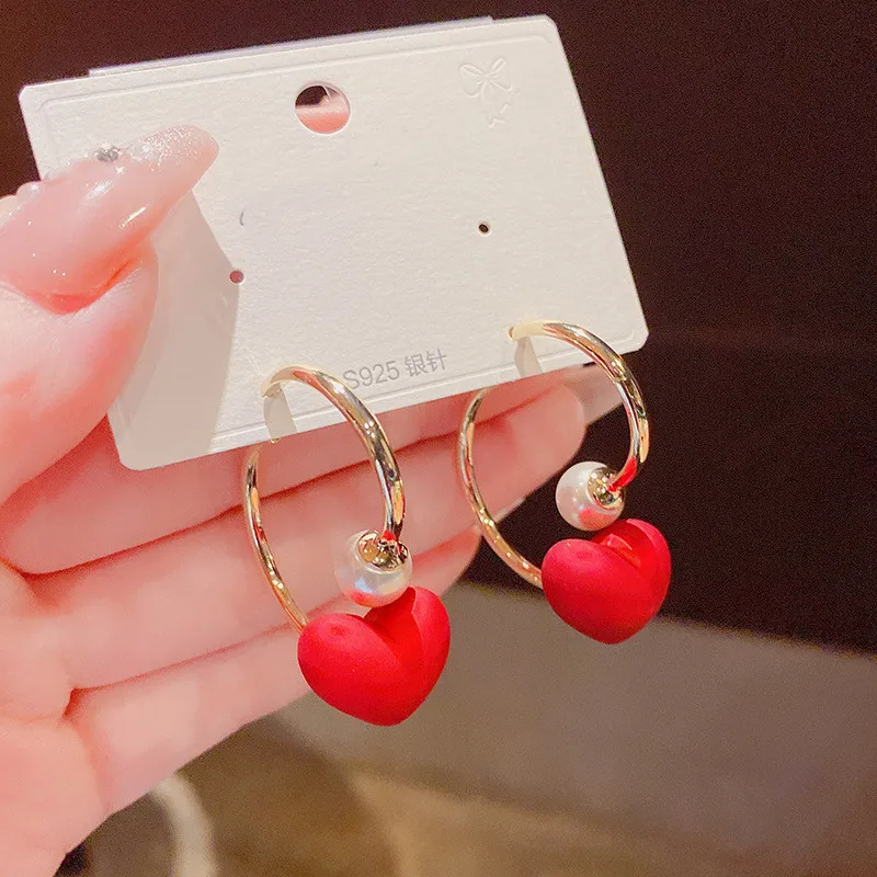

Korean Fashion Red Heart Stud Earrings For Women Jewelry Christmas Gifts, Simulated Pearl Women's Earrings Piercing Accessories