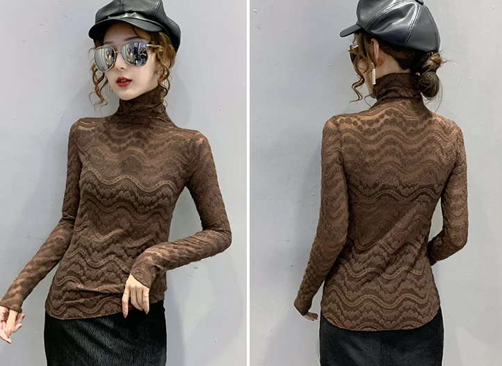 

Turtleneck Lace bottoming shirt Autumn Winter Women T shirt New Long-sleeve elasticity Mesh Lace Tops
