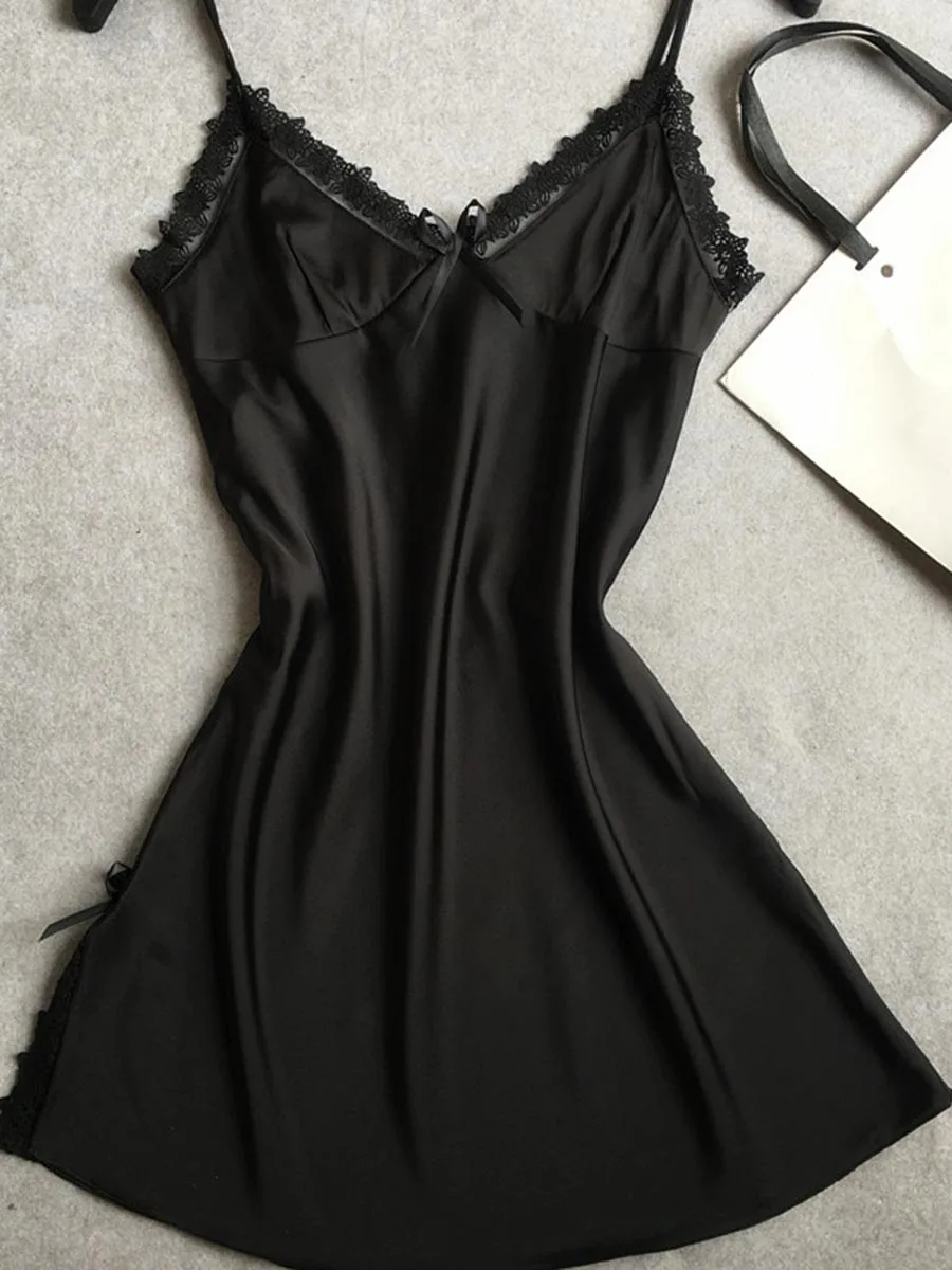 

Women Nightgowns Sexy Lingerie Blue Sleepwear Lace Silk Underwear V-neck Spaghetti Strap For Girls Mini Nightgown Clearance Sale