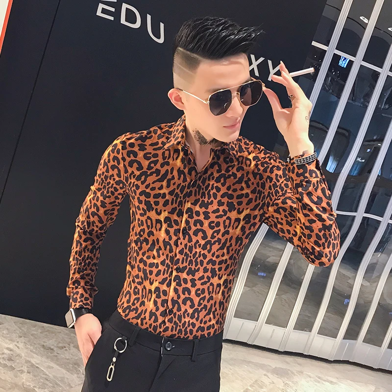 

Fashion 2021 Sexy Leopard Print Social Shirts for Men Clothing Long Sleeve Simple Night Club Tuxedo Slim Fit Casual Ropa Hombre