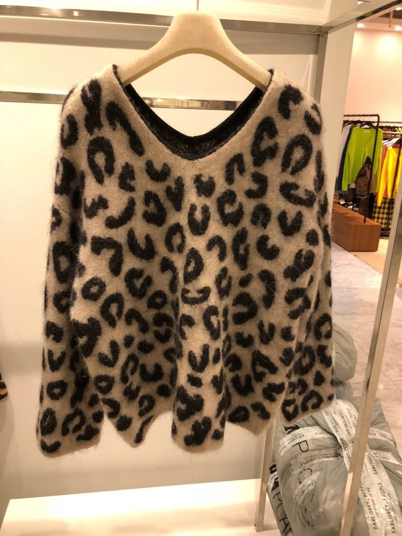 HAMALIEL 2019 New Fall Winter Mink Cashmere Sweater Fashion Women Leopard Print Knitted Casual Thick Warm V Neck Loose Pullover | Женская