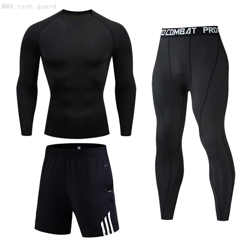 

Men's 3-Piece Black Workout outfit Sports Tights Sweat Fitness Training Kit Base layer Plus size Outdoor Running Jogging Suit