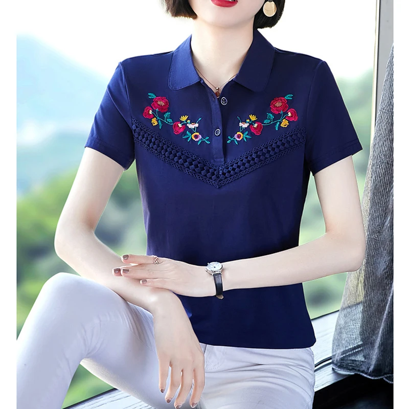 Рубашка-поло женская с цветочной вышивкой из хлопка |