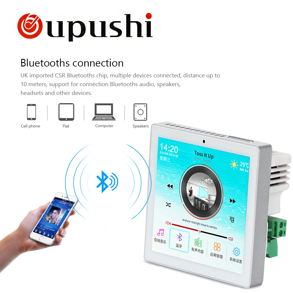 Oupushi Wi-Fi Bluetooth дома фоновой музыки Системы посылка 4 дюйма сенсорный Экран в стену