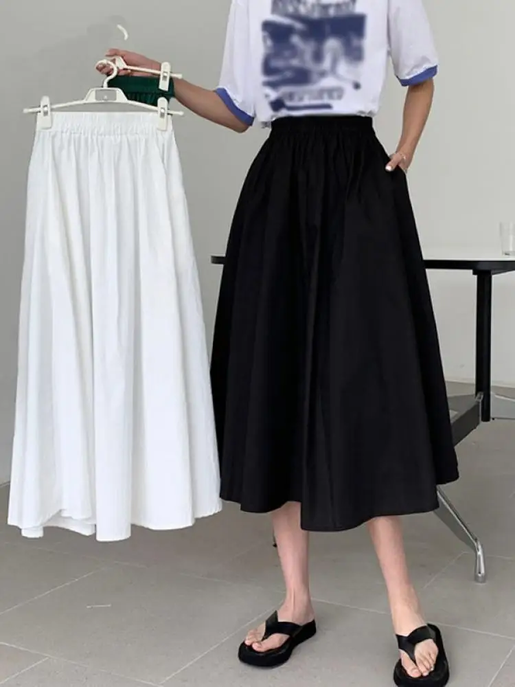 

Early Autumn New Ladies Korean Fashion Youth Casual Simple College Style Solid Color High Waist Mid-Length A-Line Skirt