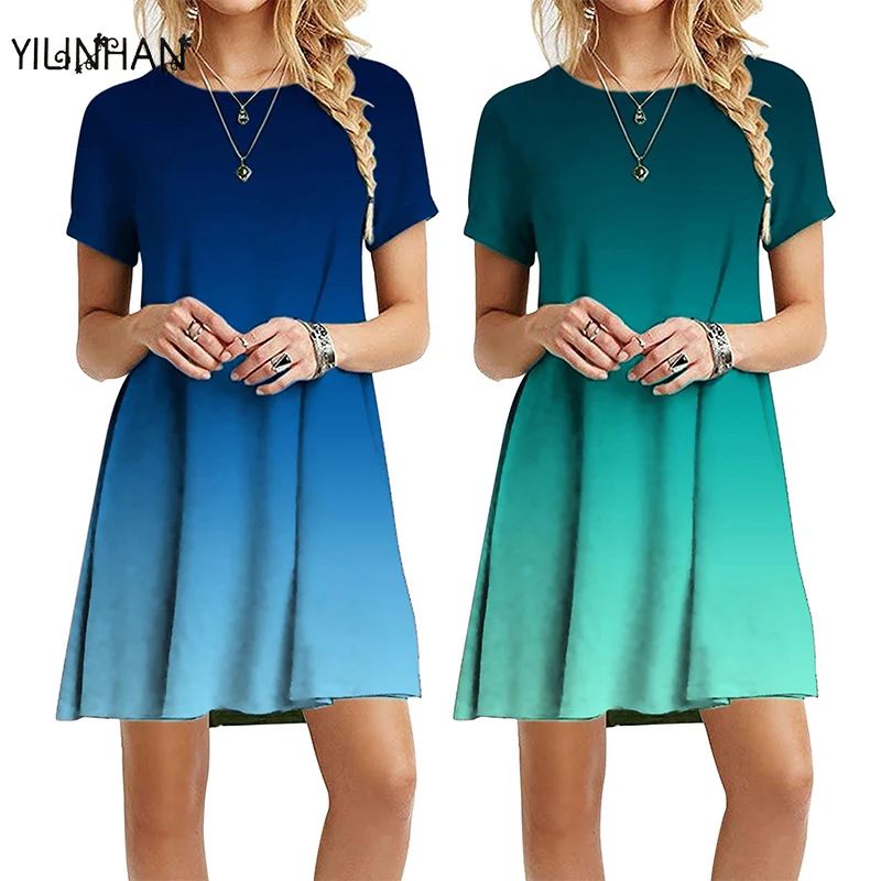 

2021 градиент Принт женское платье Новый 2021 с коротким рукавом Rainbow тай-дай Свободные Повседневные Вечерние мини-платье