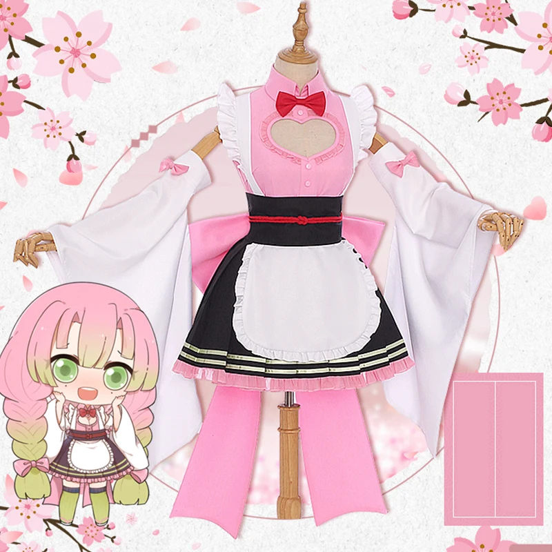 

Anime Comic Demon Slayer Kimetsu no Yaiba Cosplay Costumes Kanroji Mitsuri Cosplay Costume maid outfit apron dress pink Suits