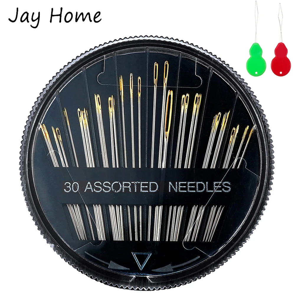 

30 Count Assorted Hand Sewing Needles for Quilting Stitching Large Eye Embroidery Needles with 2 Threaders Yarn Knitting Needles