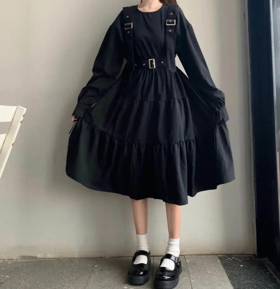 

Mothybot Japanese Retro Lace-Up Long-Sleeved Dress Female Korean Version Thin Loose Mid-Length Sexy Night