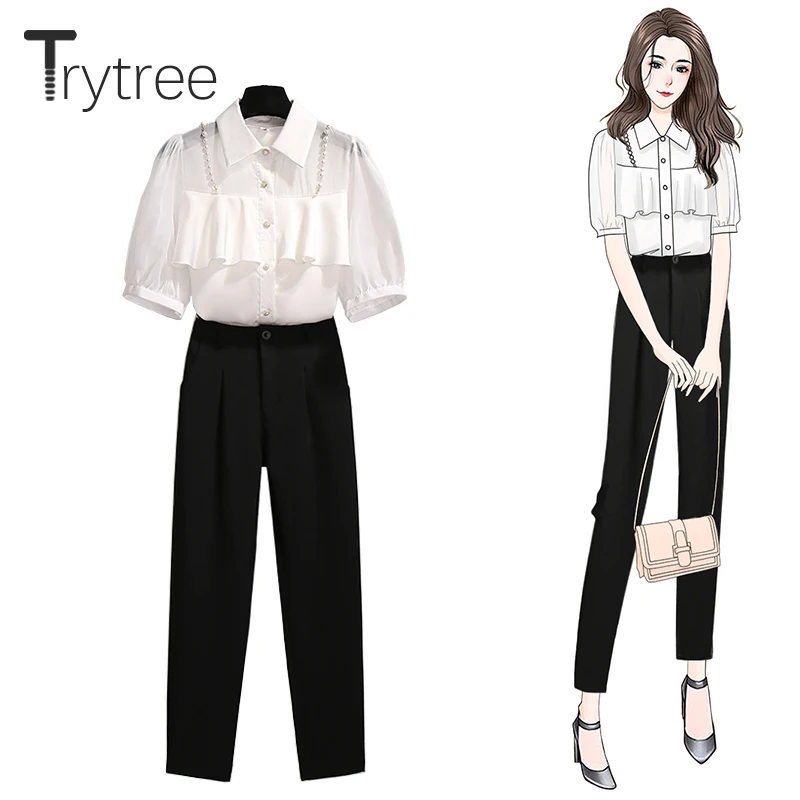 

Trytree Summer Women Two Piece Set Casual Single Breasted Pearls Shirt + Pockets Ankle-Length Pants Office Lady 2 Piece Suit