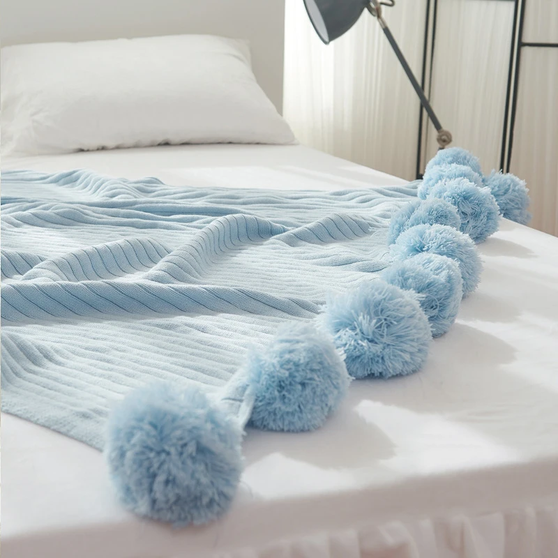Новое хлопковое вязаное покрывало с помпоном для волос новое одеяло