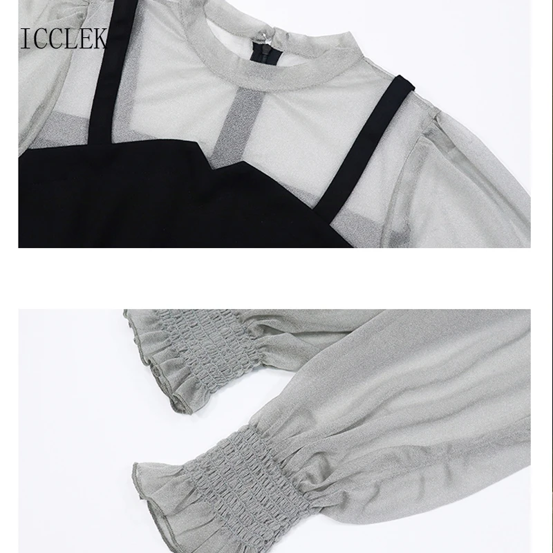 

2021 Summer Women'S Clothing New French Fake Two-Piece Dress Female Long Sleeve Mesh Stitching Black Dress Short Dress 1523