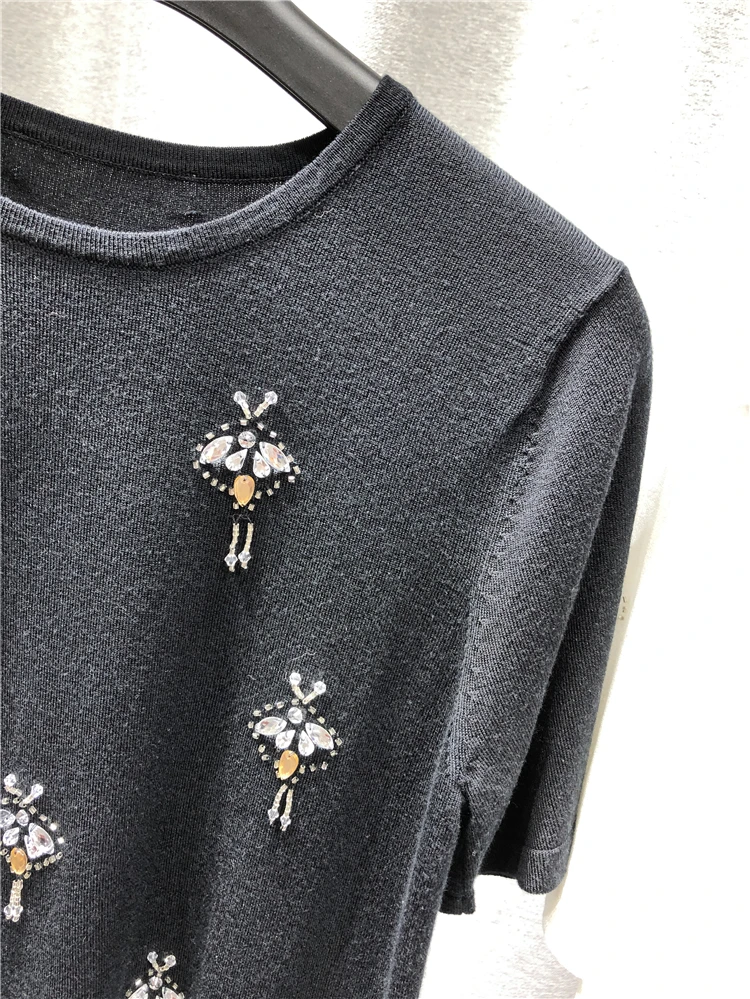

Women's sweater autumn style wool cashmere short-sleeved T-shirt round neck knit pullover diamond flower casual short sweater