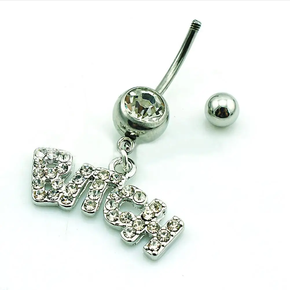 

1PCS Surgical Button Belly Ring Jewelry Navel Bar Letter "Bitch" Whiter/Pink Sexy Body Piercing Crystal Navel Ring