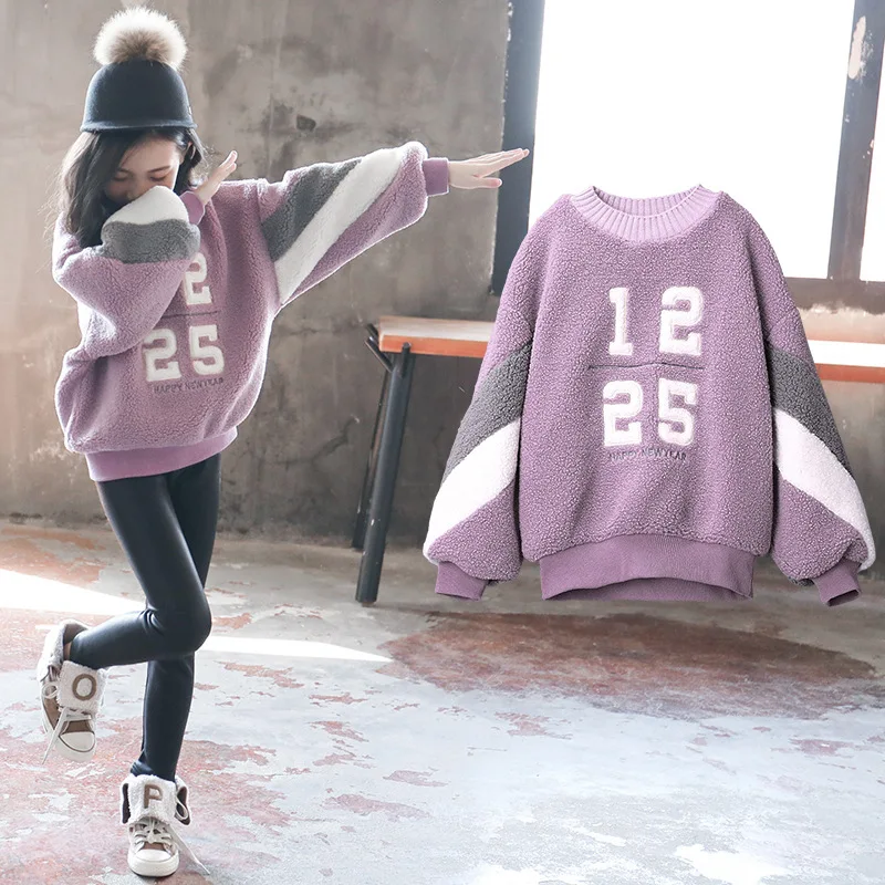 

New Fashion Winter Spring Autumn Sweater Warm Kids Girl Plus Velvet Lamb Wool Purple Thicken Outfits Baby Teens Sports Children