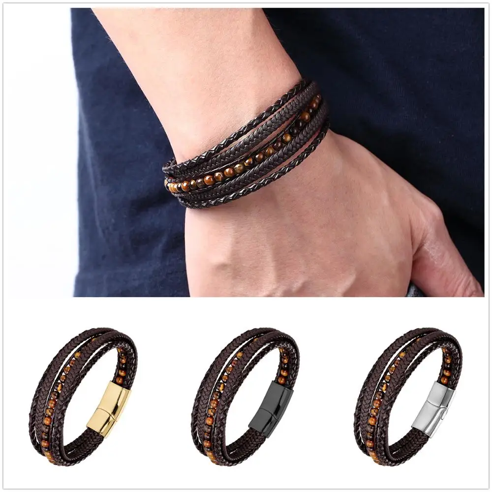 Новинка 2020 мужской кожаный браслет 4 мм из натурального камня плетеный