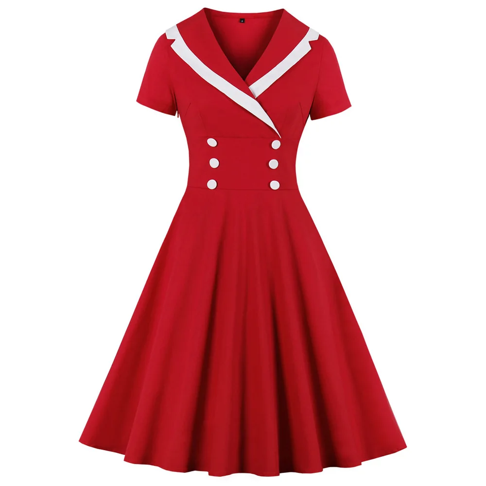 Женское винтажное платье в стиле ретро красное офисное с матросским воротником