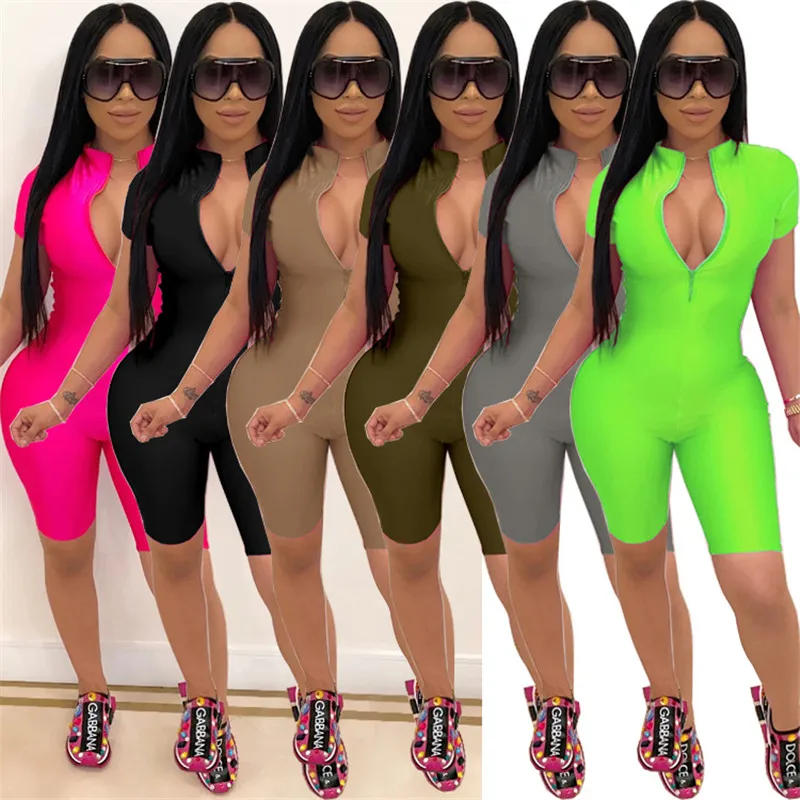 

Casual Sporty Active Wear Playsuit Biker Shorts Women Short Sleeve Skinny Rompers Womens Jumpsuit Zip Up Elastic Party Bodysuit