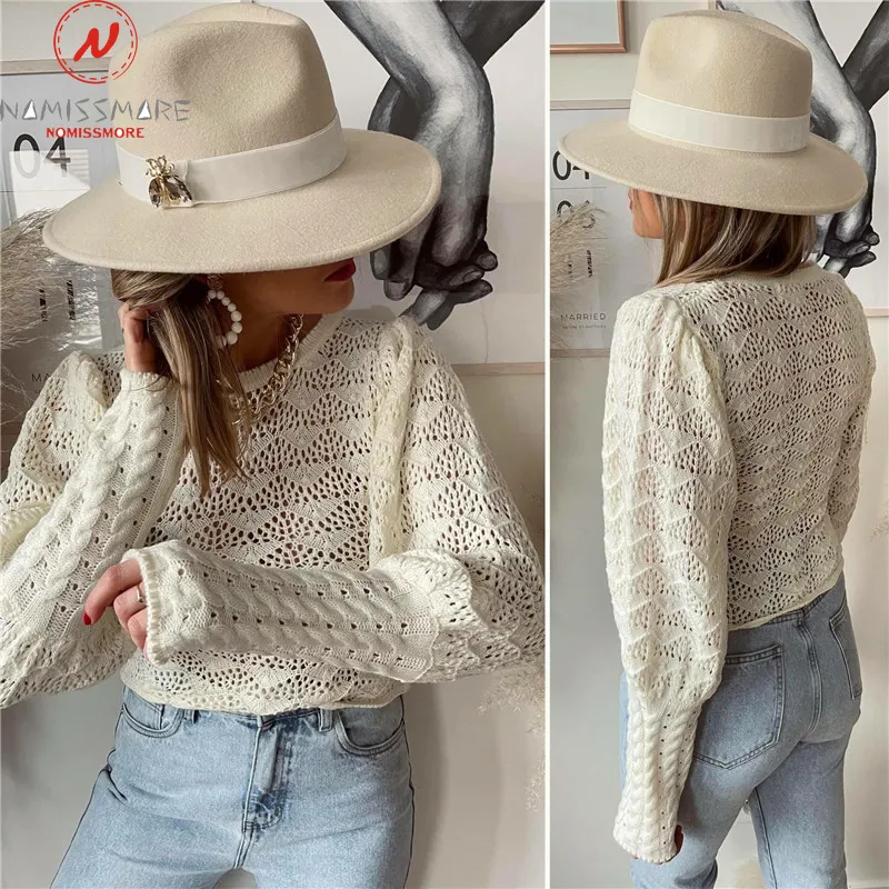 

Fashion Women Solid Color Sweaters Hollow Out Design See Through O-Neck Long Lantern Sleeve Spring Autumn Slim Knitted Top