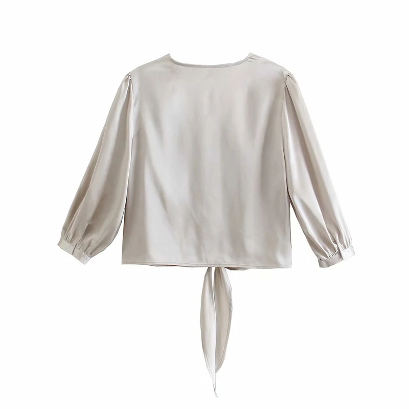 

Summer women's casual solid color V-neck bow decorated short shirt