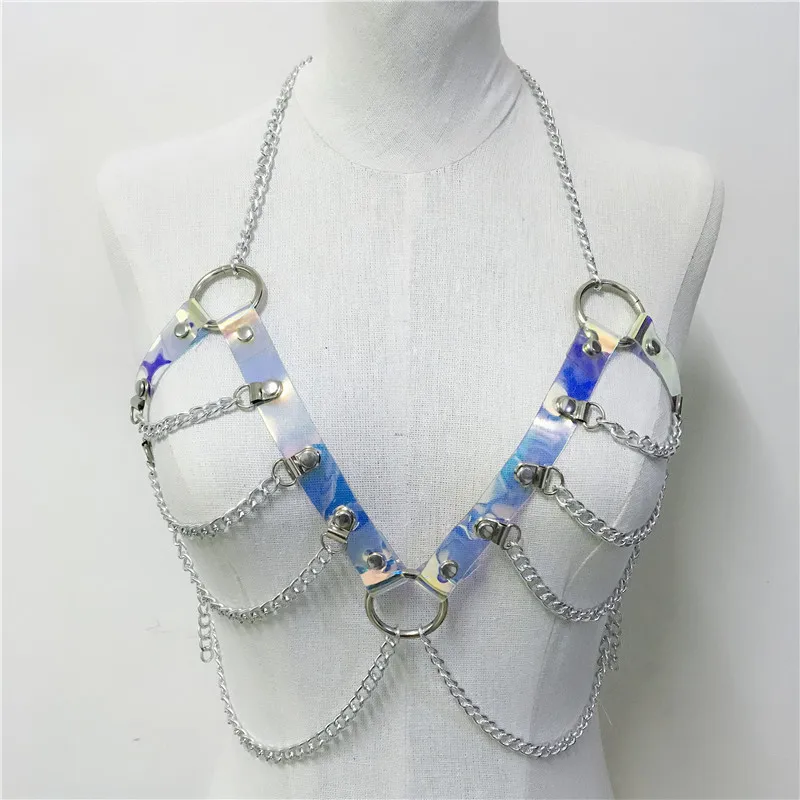 Женский голографический бондаж металлическая цепочка с круглым вырезом