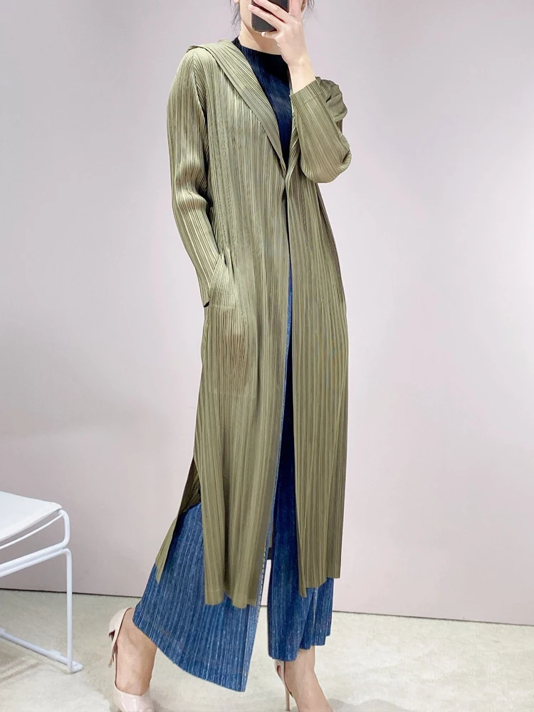

Changpleat 2021 Autumn New Miyak Pleated Hooded Trench coat for women Fashion Solid Long Sleeve Large Size Long Coats Tide