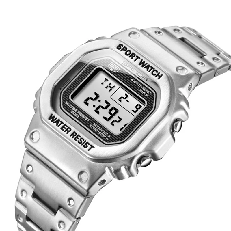 

Men Ladies Digital Watch Stainless Steel 5Bar Waterpoof Chronograph Countdown Wristwatch Shock LED Sprot Watch montre homm