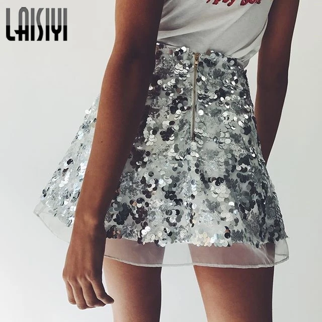 LAISIYI золотые блестки сетки Мини-юбки женские рождественские Высокая талия юбка молния Повседневное Короткие вечерние пляжные черная юбка ASSK20005 - Цвет: White