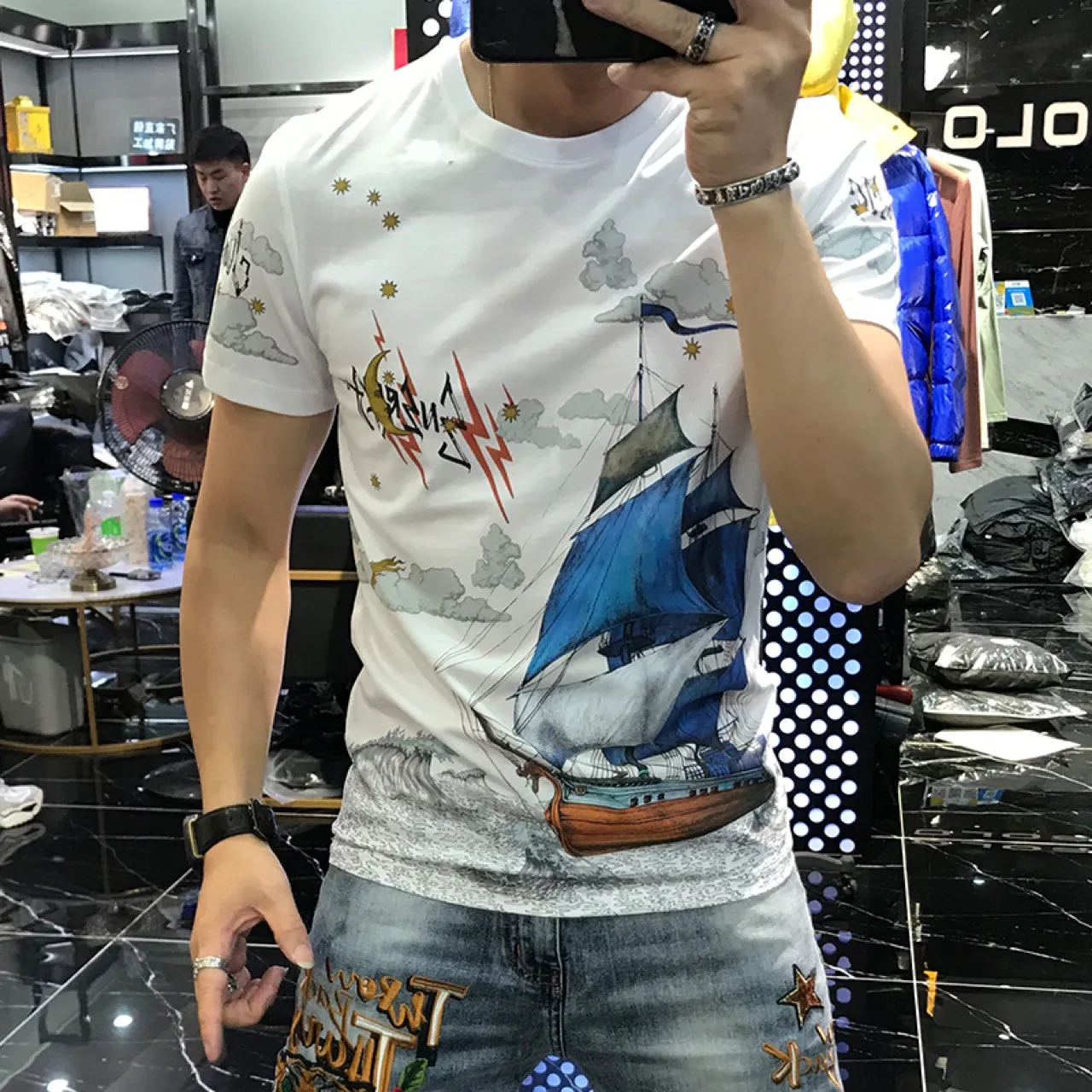 

High T-Shirts Men Quality Summer Style sailboat print short sleeve T Shirt
