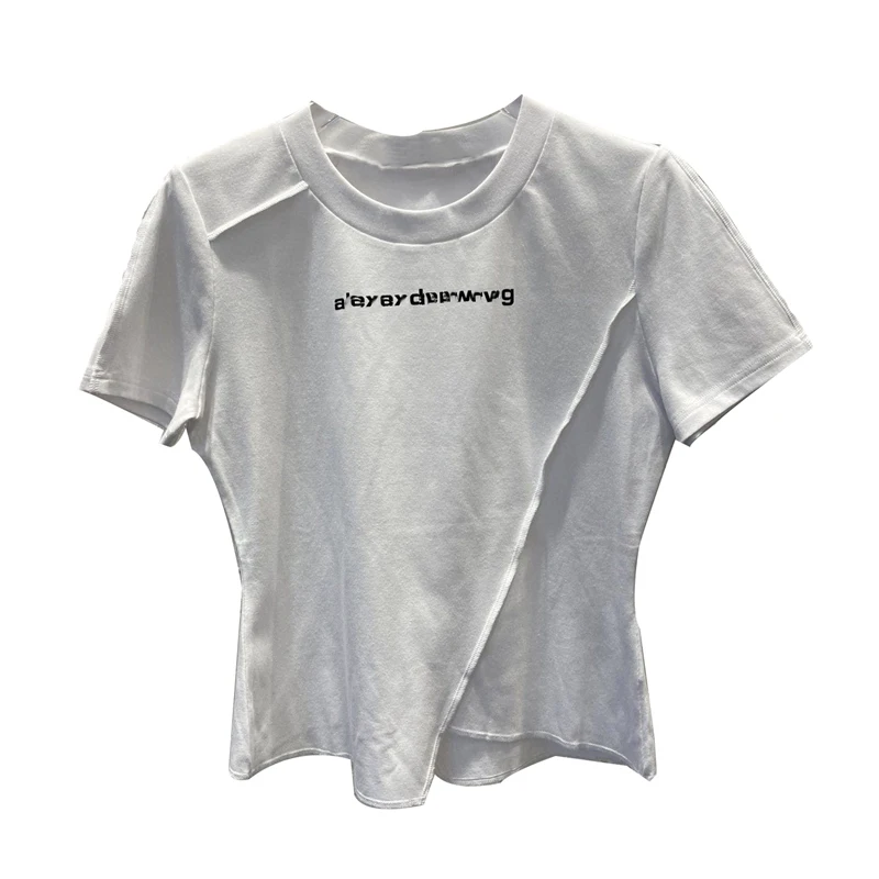 

Summer new cotton stitching short-sleeved T-shirt 2021 women's round neck simple bright line decoration white top brand clothes